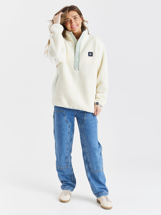 Hawthorn Sherpa Fleece mit Druckknopfkragen, Creme und blassem Salbei 