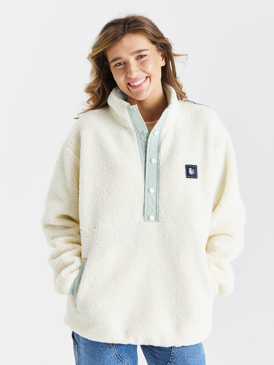 Hawthorn Sherpa Fleece mit Druckknopfkragen, Creme und blassem Salbei 