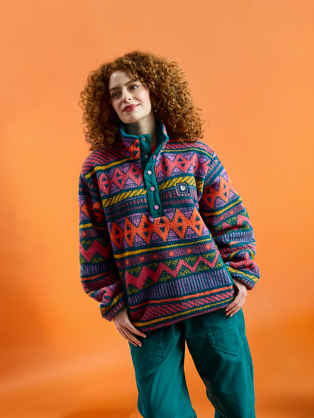 Charlie Retro Pattern Popper Neck Sherpa Fleece
