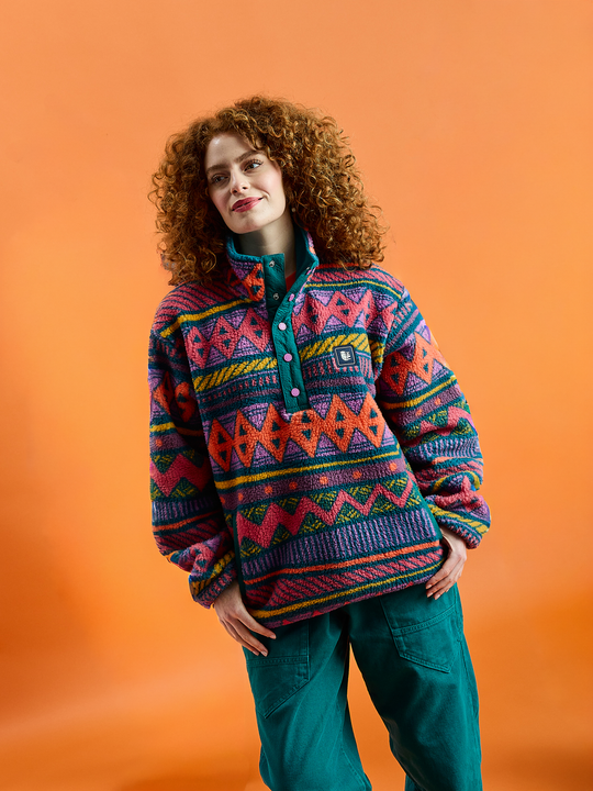 Charlie Retro Pattern Popper Neck Sherpa Fleece