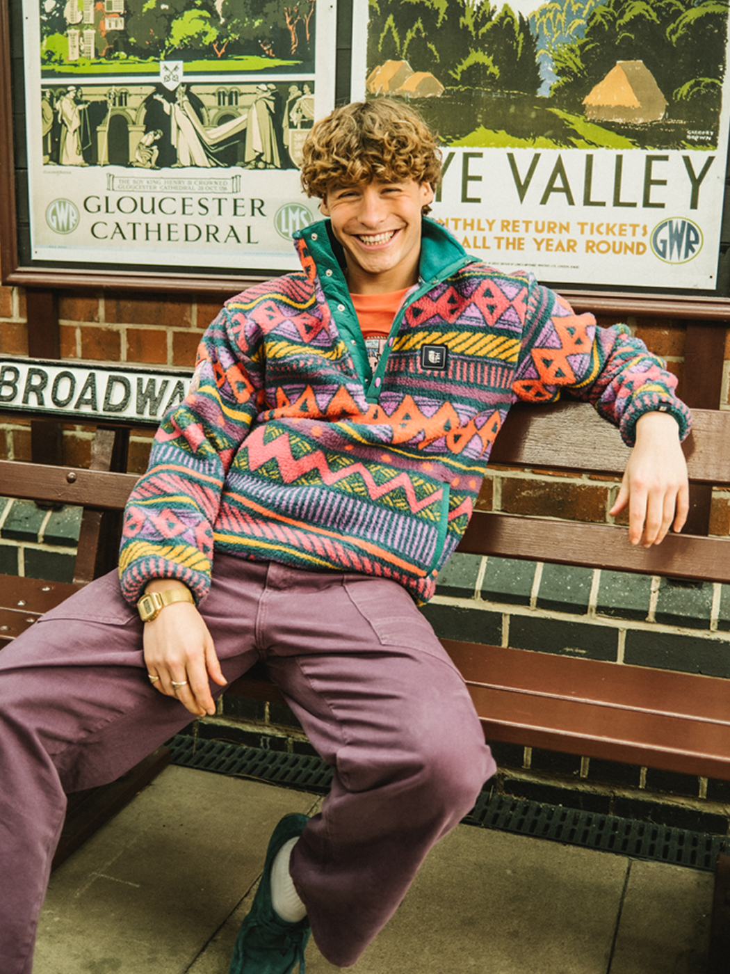 Charlie Retro Pattern Popper Neck Sherpa Fleece