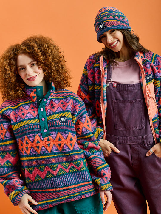 Charlie Retro Pattern Popper Neck Sherpa Fleece