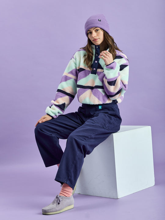 Indigo Retro Pattern Cropped Popper Neck Sherpa Fleece