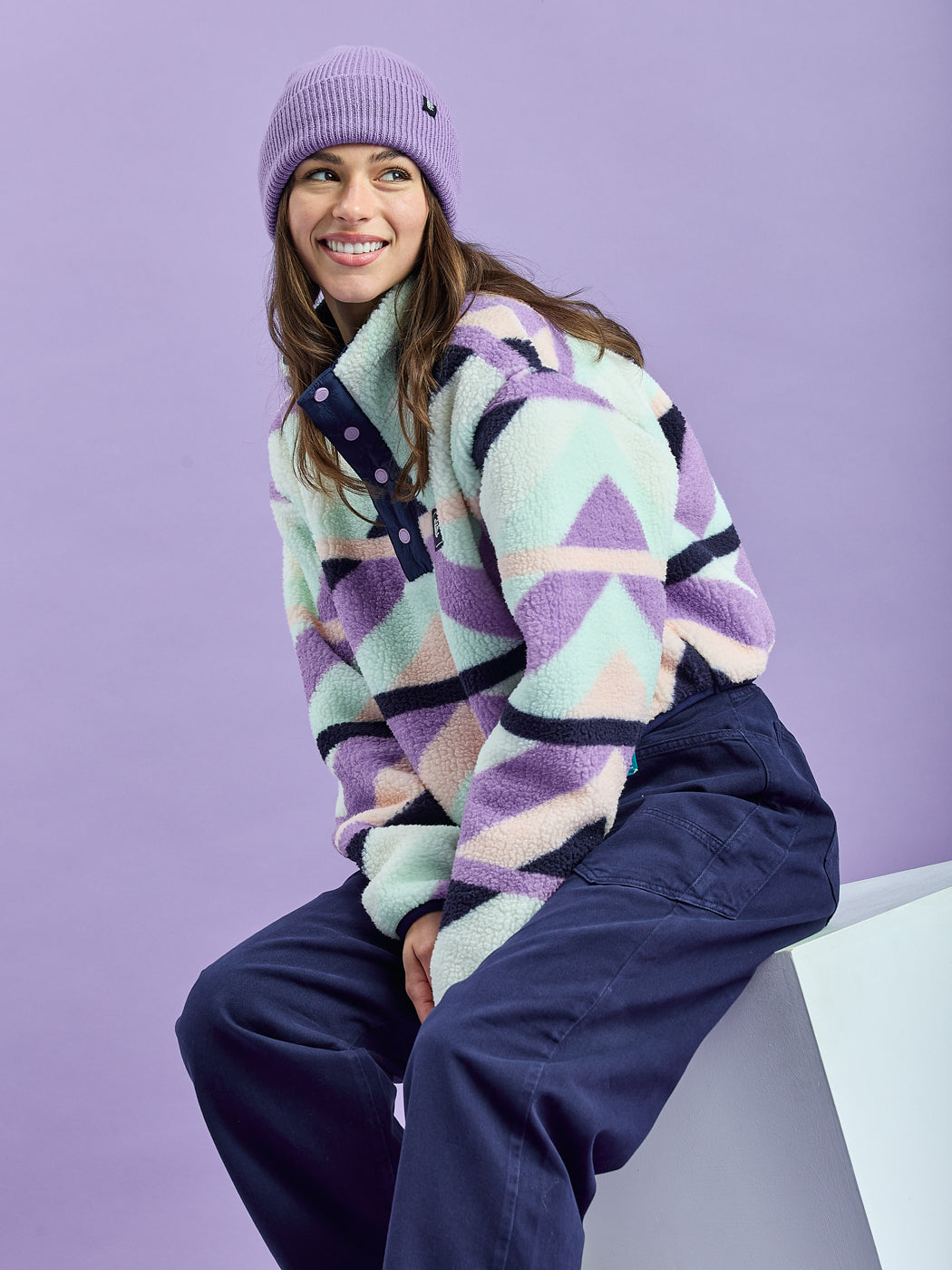 Indigo Retro Pattern Cropped Popper Neck Sherpa Fleece