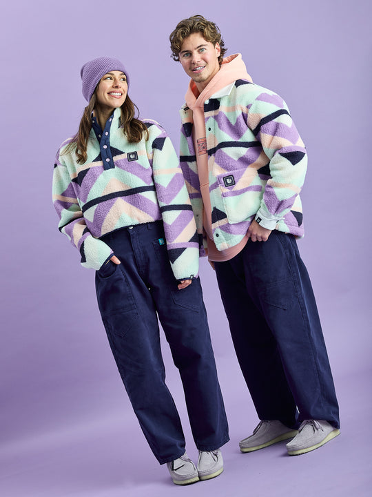 Indigo Retro Pattern Cropped Popper Neck Sherpa Fleece