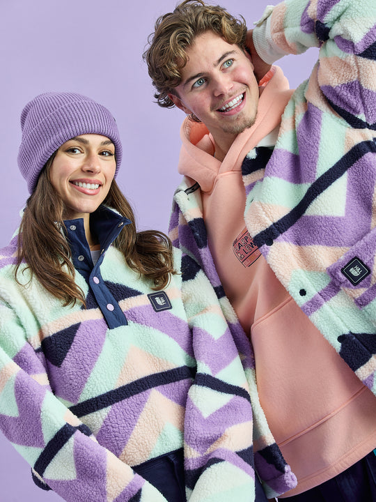 Indigo Retro Pattern Cropped Popper Neck Sherpa Fleece