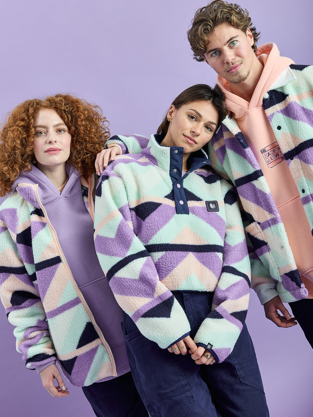 Indigo Retro Pattern Cropped Popper Neck Sherpa Fleece