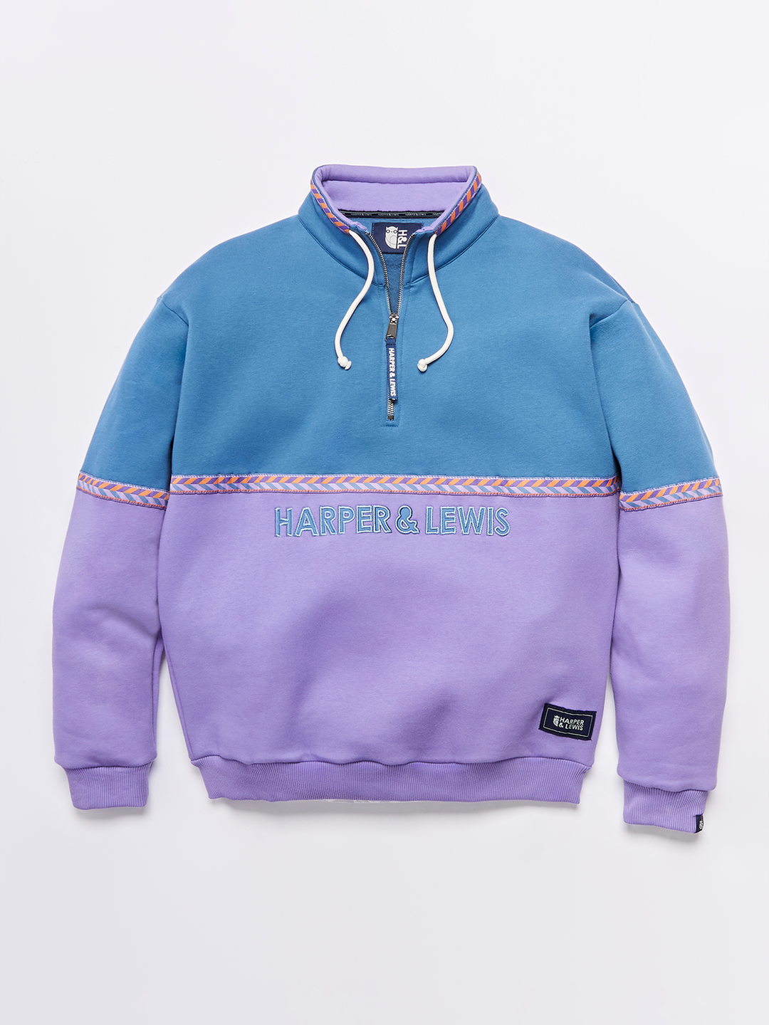 Quarter zip sweatshirt, Petrol and Deep Lavender as the colour block colours, perfect for colder months.
